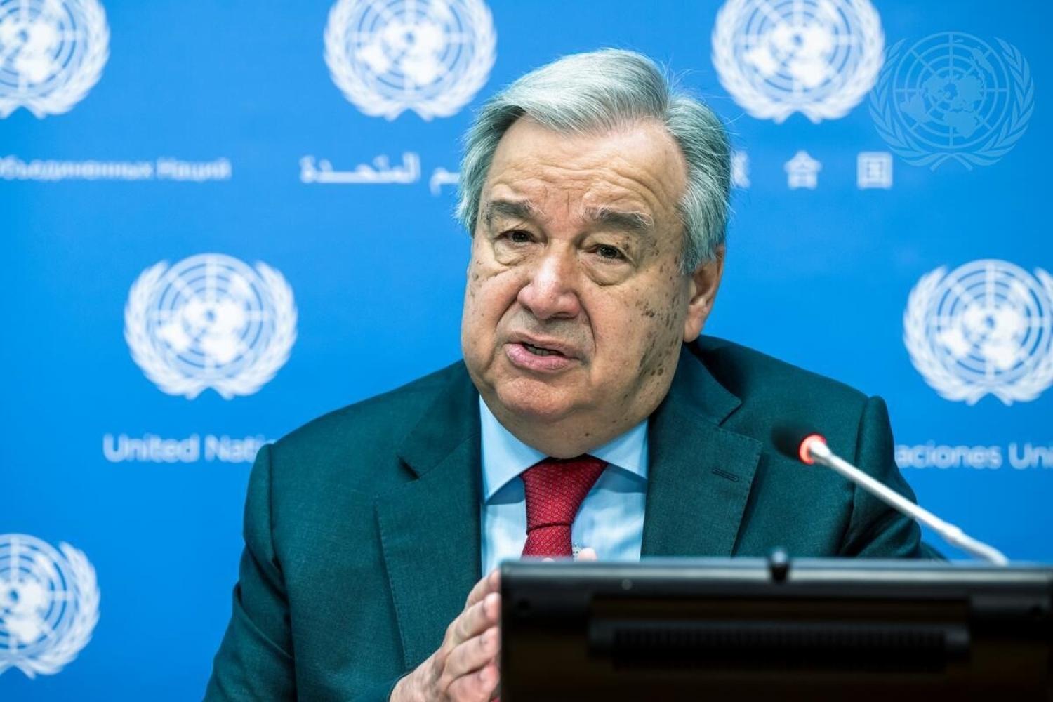 UN Secretary-General António Guterres briefs media on digital information integrity on 12 June 2023 (Mark Garten/UN Photo)